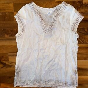 Sigrid Olsen Womens‎ Top XL Embroidered White Casual Summer Blouse resort linen